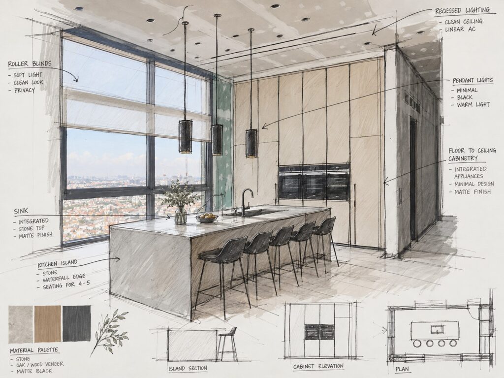 סקיצת קונספט לעיצוב פנים